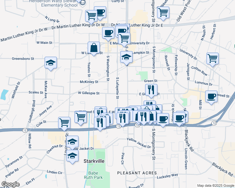 map of restaurants, bars, coffee shops, grocery stores, and more near 401 South Lafayette Street in Starkville