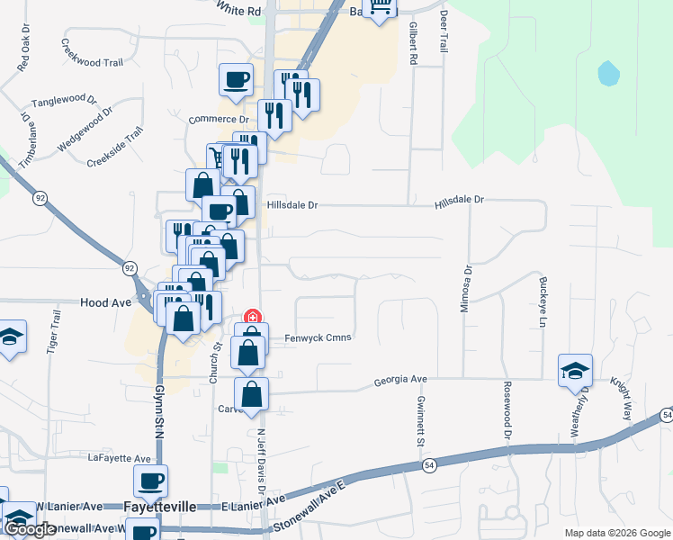 map of restaurants, bars, coffee shops, grocery stores, and more near 180 Carriage Chase in Fayetteville