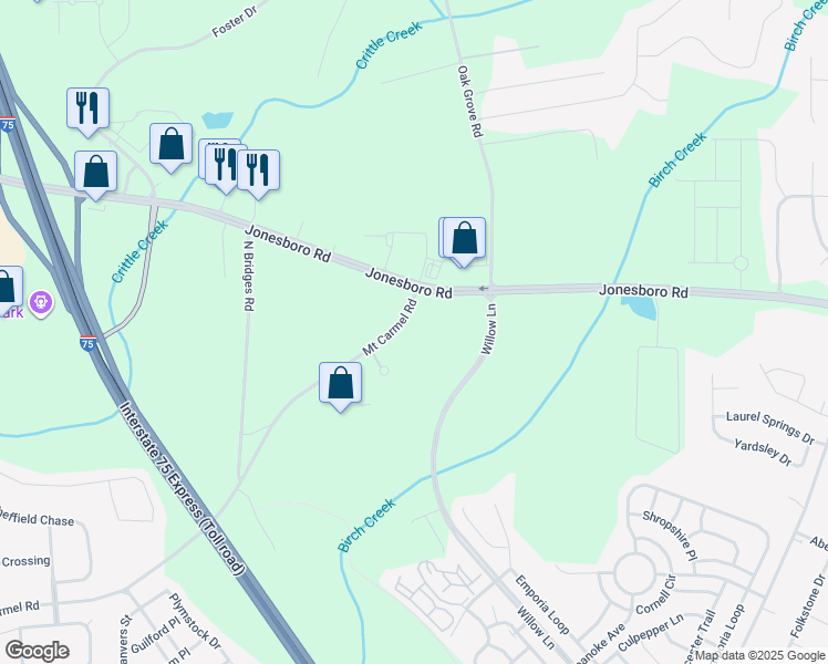 map of restaurants, bars, coffee shops, grocery stores, and more near 45 Mount Carmel Road in McDonough