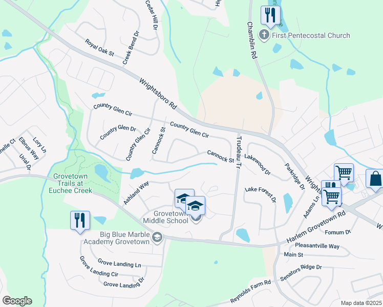 map of restaurants, bars, coffee shops, grocery stores, and more near 955 Cannock Street in Grovetown