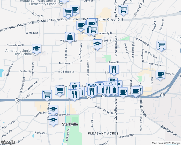 map of restaurants, bars, coffee shops, grocery stores, and more near 401-499 S Lafayette St in Starkville