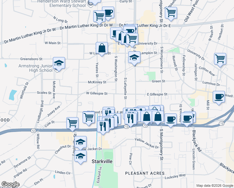 map of restaurants, bars, coffee shops, grocery stores, and more near 110 East Gillespie Street in Starkville