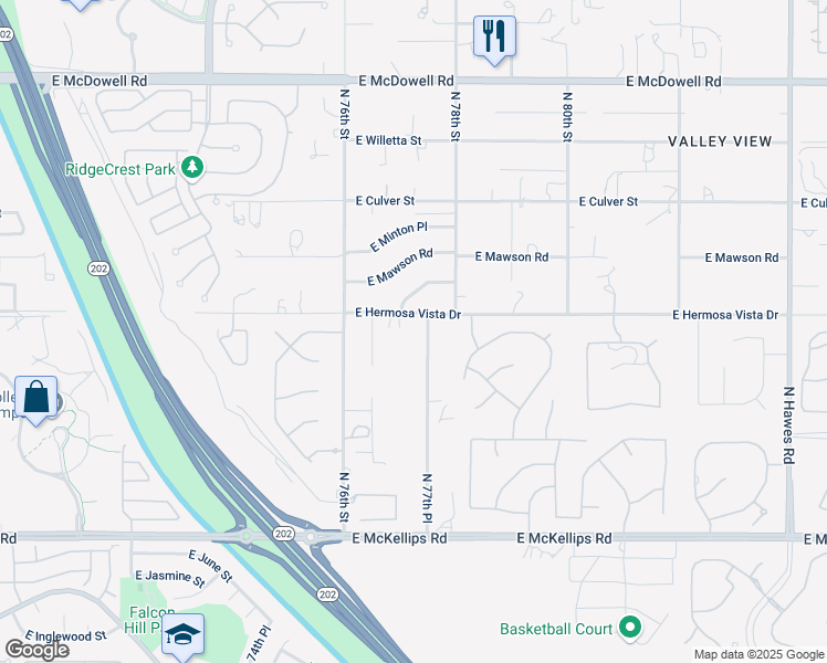 map of restaurants, bars, coffee shops, grocery stores, and more near 2308 North 77th Place in Mesa