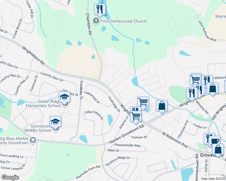 map of restaurants, bars, coffee shops, grocery stores, and more near 3052 Parkridge Drive in Grovetown