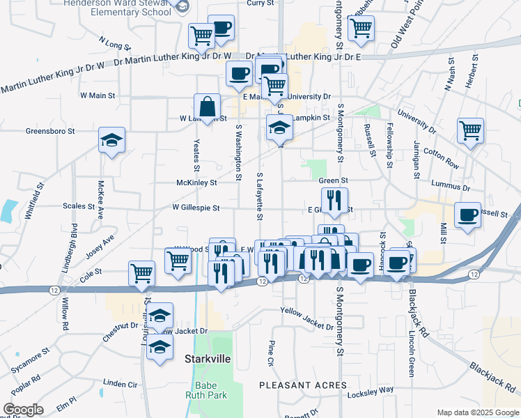 map of restaurants, bars, coffee shops, grocery stores, and more near 399 South Lafayette Street in Starkville