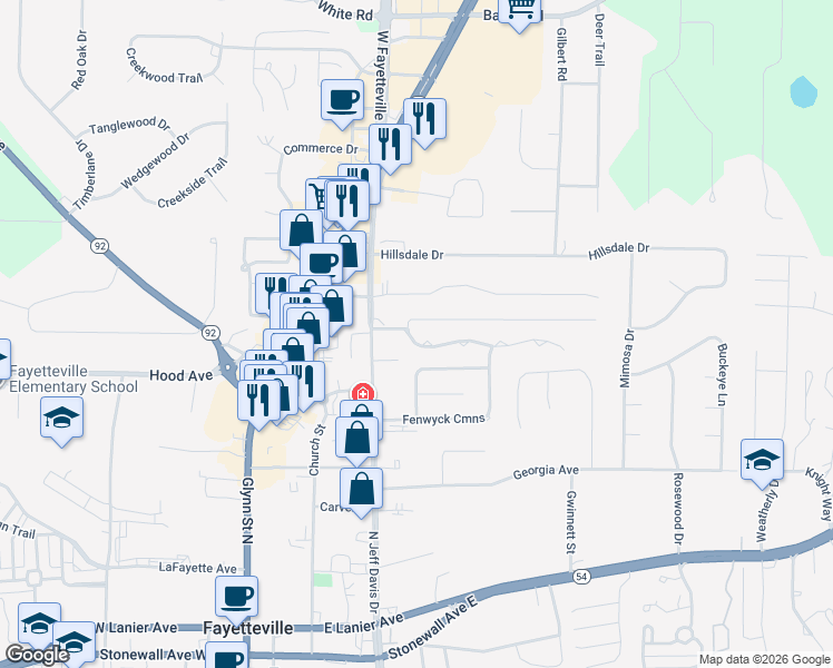 map of restaurants, bars, coffee shops, grocery stores, and more near 135 Carriage Chase in Fayetteville