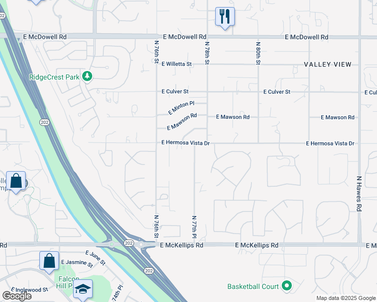 map of restaurants, bars, coffee shops, grocery stores, and more near 2308 North 77th Place in Mesa