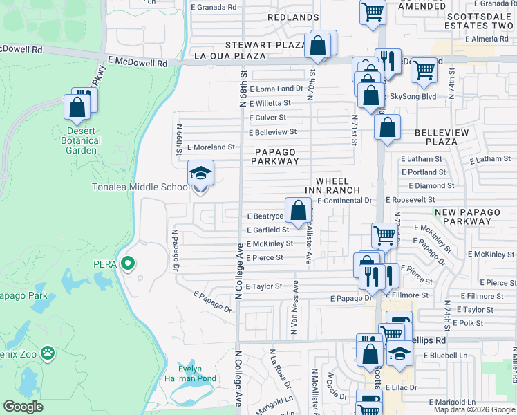 map of restaurants, bars, coffee shops, grocery stores, and more near 317 East Beatryce Street in Tempe