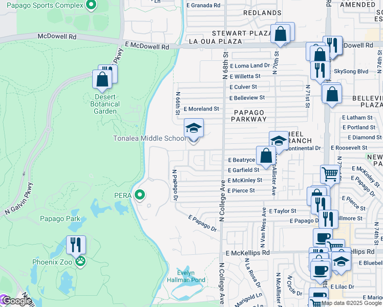 map of restaurants, bars, coffee shops, grocery stores, and more near 2712 North Forest Circle in Tempe