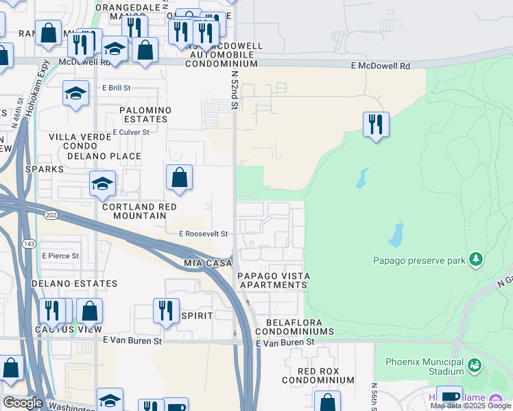 map of restaurants, bars, coffee shops, grocery stores, and more near 915 North 52nd Street in Phoenix