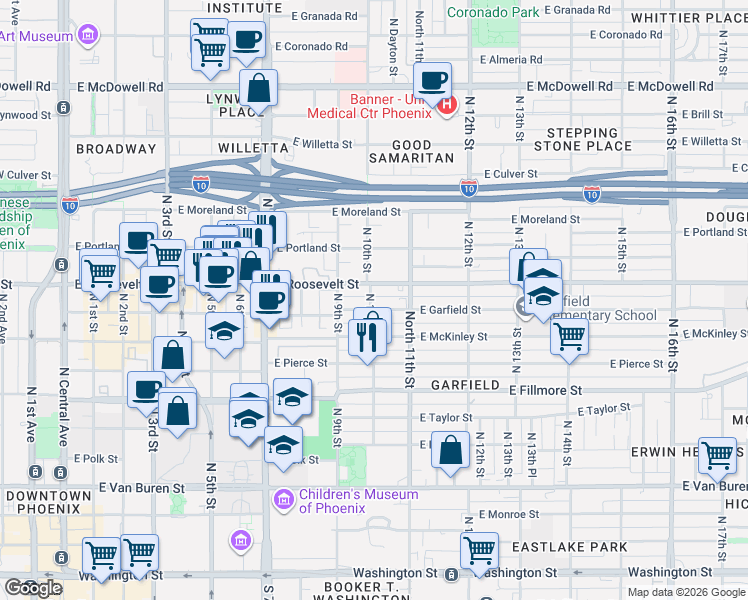 map of restaurants, bars, coffee shops, grocery stores, and more near 1001 East Garfield Street in Phoenix