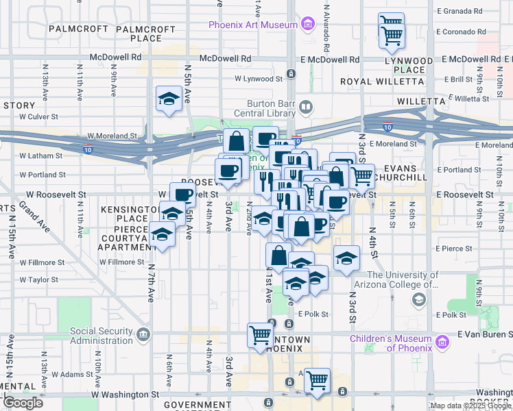 map of restaurants, bars, coffee shops, grocery stores, and more near 822 North 1st Avenue in Phoenix