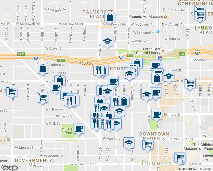 map of restaurants, bars, coffee shops, grocery stores, and more near 822 North 6th Avenue in Phoenix