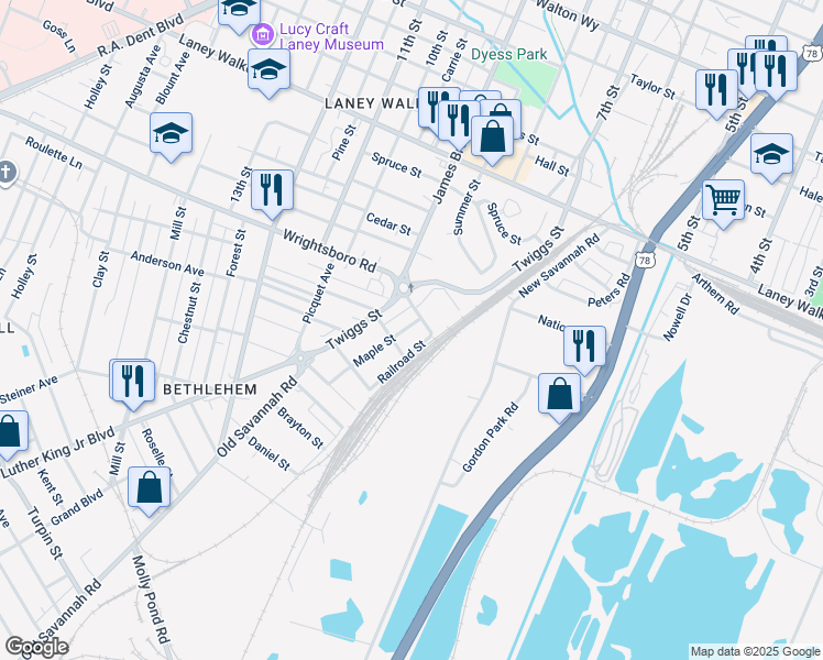 map of restaurants, bars, coffee shops, grocery stores, and more near 1445A Railroad Street in Augusta