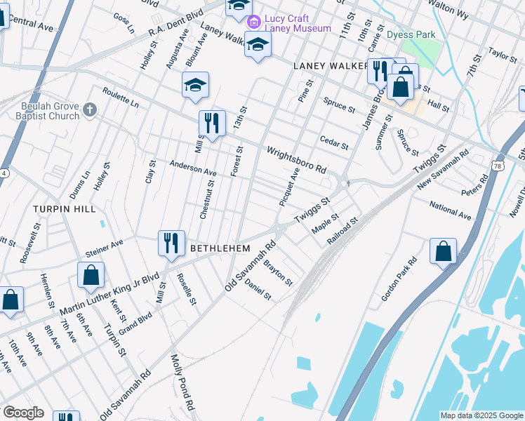 map of restaurants, bars, coffee shops, grocery stores, and more near 1117 Davis Street in Augusta