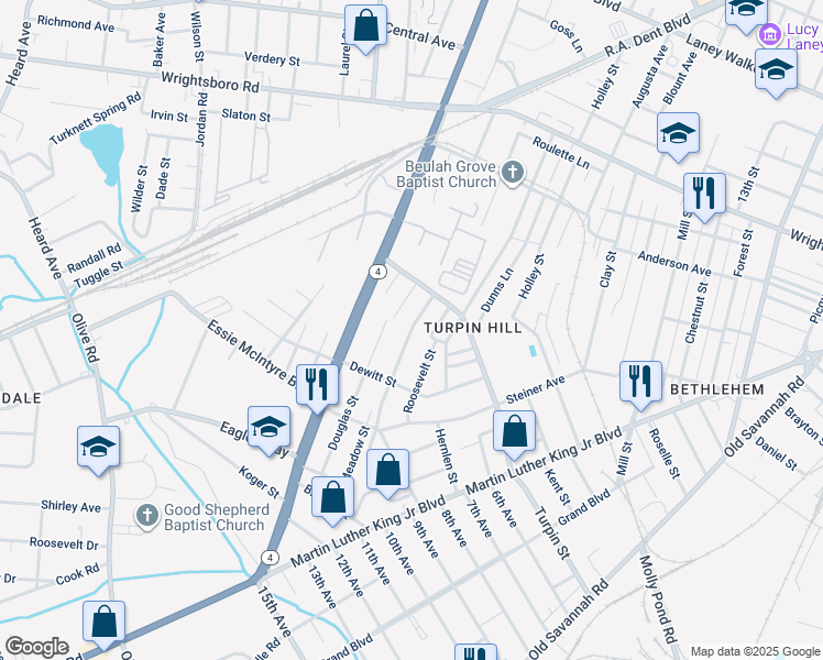 map of restaurants, bars, coffee shops, grocery stores, and more near 1651 Luckey Street in Augusta