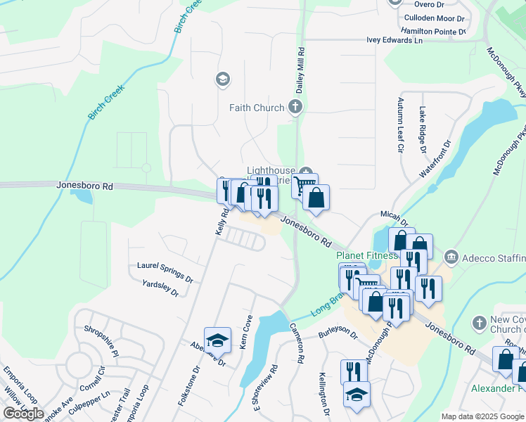 map of restaurants, bars, coffee shops, grocery stores, and more near 553 Jonesboro Road in McDonough