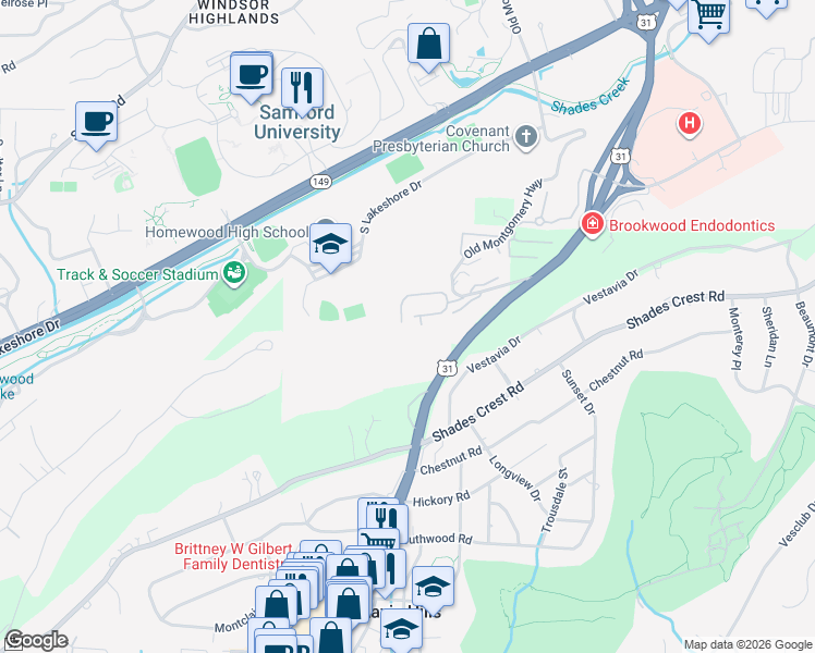 map of restaurants, bars, coffee shops, grocery stores, and more near 144 Montgomery Highway in Vestavia Hills