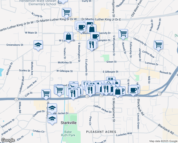 map of restaurants, bars, coffee shops, grocery stores, and more near 401-499 S Lafayette St in Starkville
