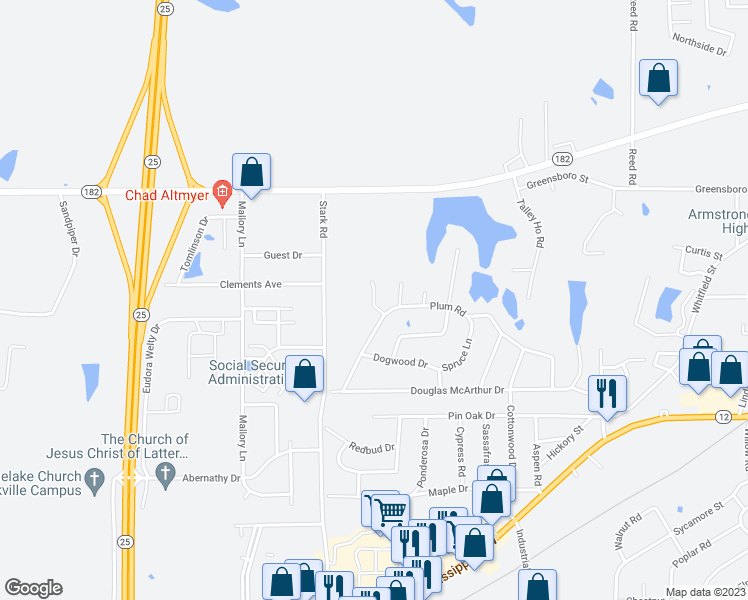 map of restaurants, bars, coffee shops, grocery stores, and more near 200 Pinebrook Road in Starkville