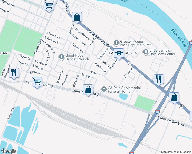 map of restaurants, bars, coffee shops, grocery stores, and more near 1309 Cherry Avenue in Augusta