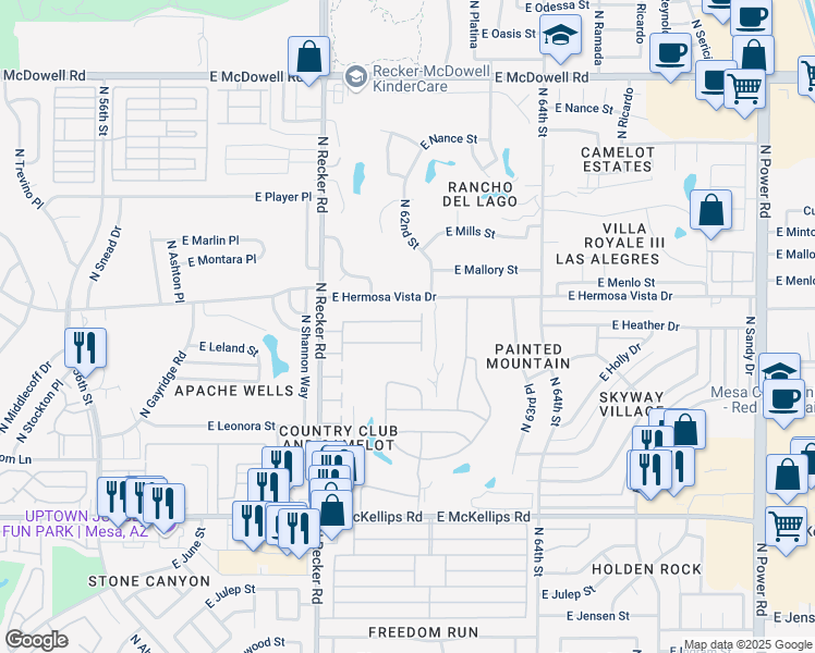 map of restaurants, bars, coffee shops, grocery stores, and more near 2329 North Recker Road in Mesa