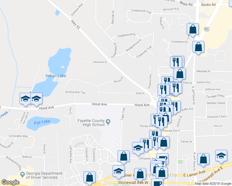 map of restaurants, bars, coffee shops, grocery stores, and more near 315 Kelly Drive in Fayetteville