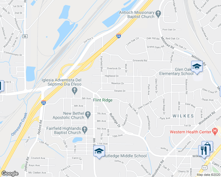 map of restaurants, bars, coffee shops, grocery stores, and more near 512 Swann Drive in Birmingham