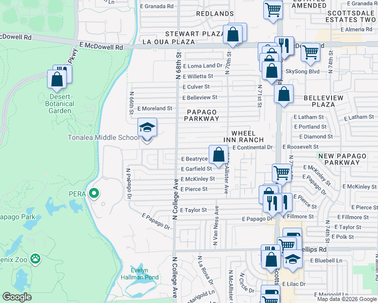 map of restaurants, bars, coffee shops, grocery stores, and more near 317 East Beatryce Street in Tempe