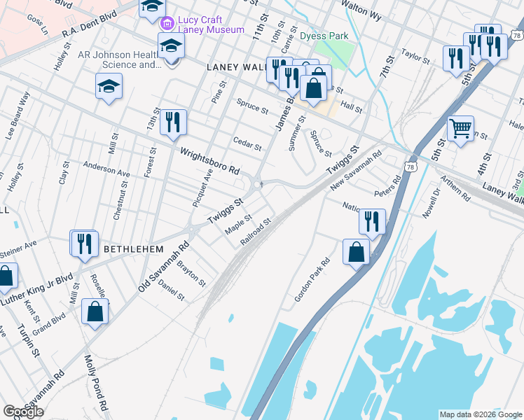 map of restaurants, bars, coffee shops, grocery stores, and more near 1445A Railroad Street in Augusta