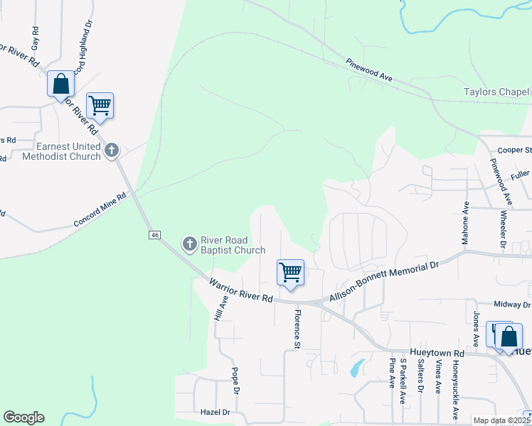 map of restaurants, bars, coffee shops, grocery stores, and more near 130 Pinecrest Road in Hueytown