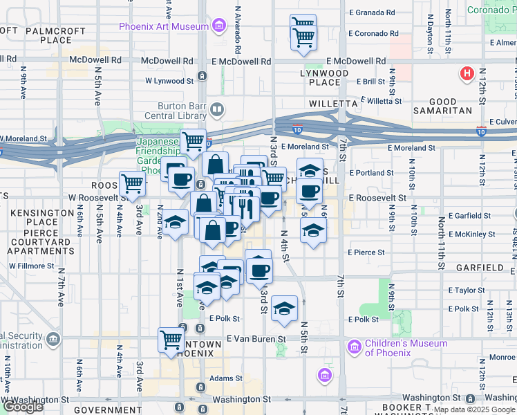 map of restaurants, bars, coffee shops, grocery stores, and more near 821 North 2nd Street in Phoenix