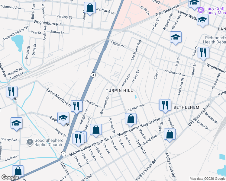 map of restaurants, bars, coffee shops, grocery stores, and more near 1624 Carpenter Street in Augusta