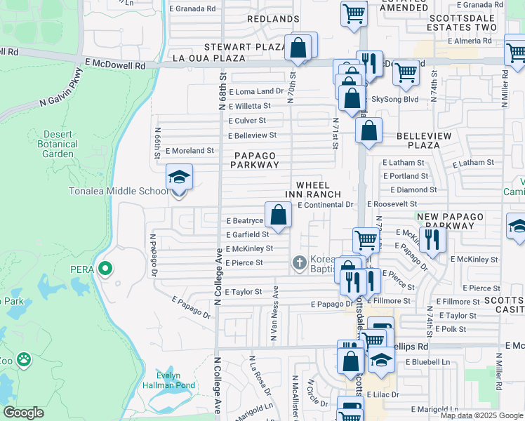 map of restaurants, bars, coffee shops, grocery stores, and more near 351 East Beatryce Street in Tempe