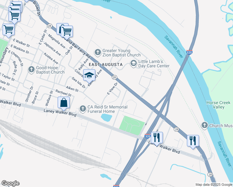 map of restaurants, bars, coffee shops, grocery stores, and more near 307 Sterling Street in Augusta
