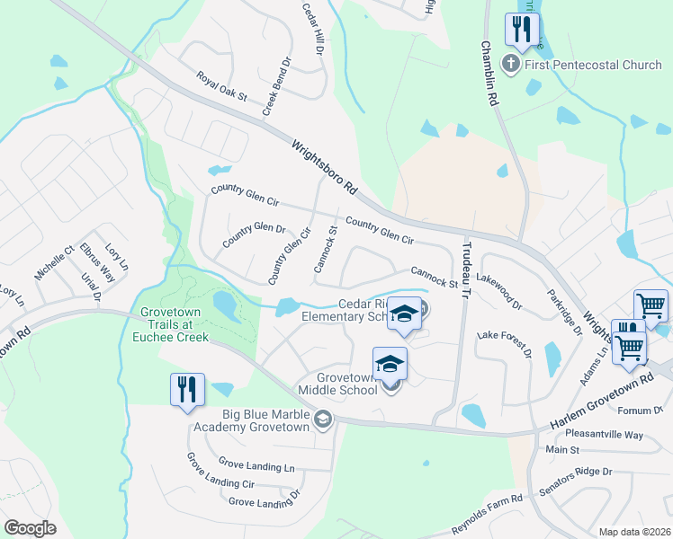 map of restaurants, bars, coffee shops, grocery stores, and more near 705 Cannock Loop in Grovetown