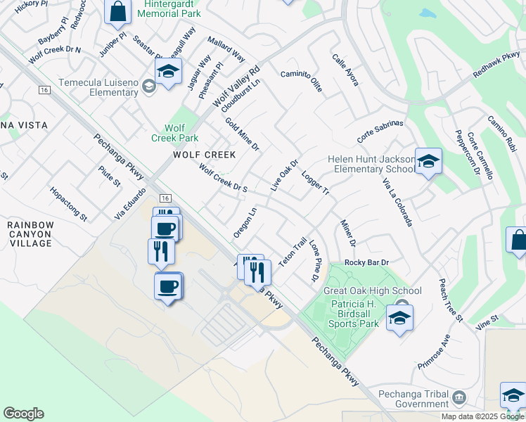 map of restaurants, bars, coffee shops, grocery stores, and more near 46109 Pinon Pine Way in Temecula