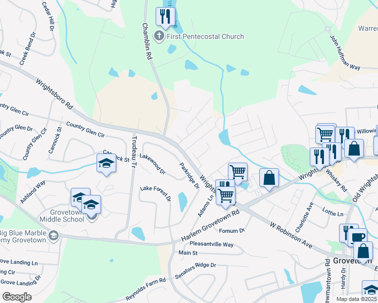 map of restaurants, bars, coffee shops, grocery stores, and more near 3052 Parkridge Drive in Grovetown