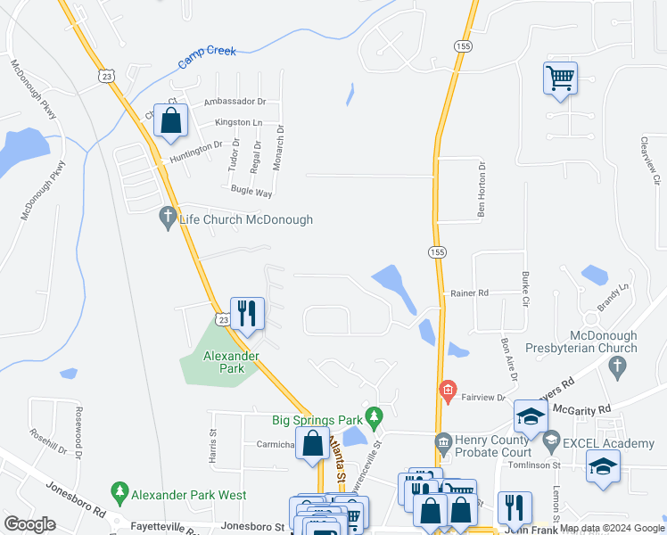 map of restaurants, bars, coffee shops, grocery stores, and more near 343 Judy Drive in McDonough