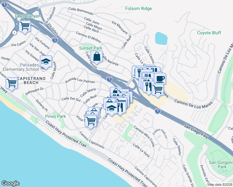 map of restaurants, bars, coffee shops, grocery stores, and more near 570 Camino De Estrella in San Clemente