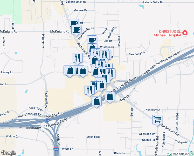 map of restaurants, bars, coffee shops, grocery stores, and more near 220 Richmond Road in Texarkana