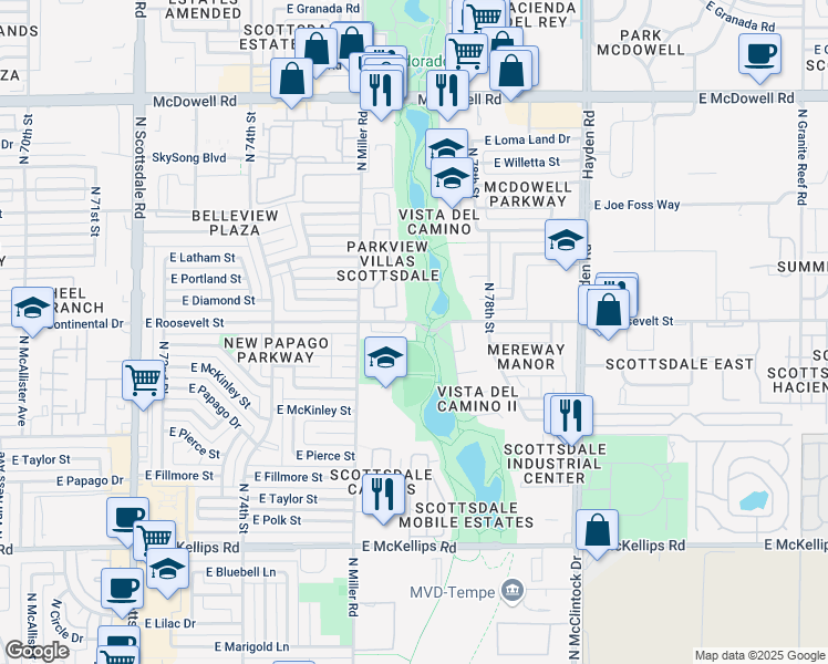 map of restaurants, bars, coffee shops, grocery stores, and more near 7699 East Roosevelt Street in Scottsdale
