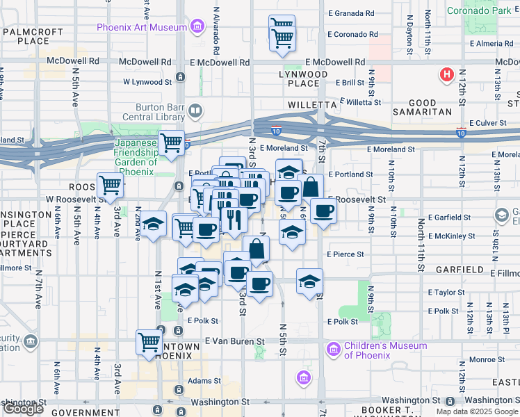 map of restaurants, bars, coffee shops, grocery stores, and more near 821 North 3rd Street in Phoenix