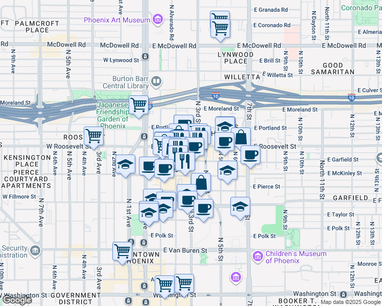 map of restaurants, bars, coffee shops, grocery stores, and more near 821 North 3rd Street in Phoenix