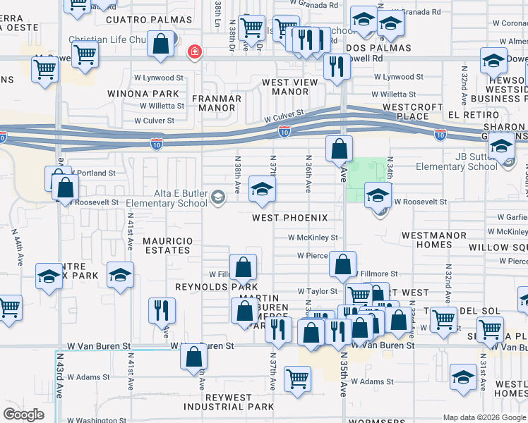 map of restaurants, bars, coffee shops, grocery stores, and more near 3715 West Roosevelt Street in Phoenix