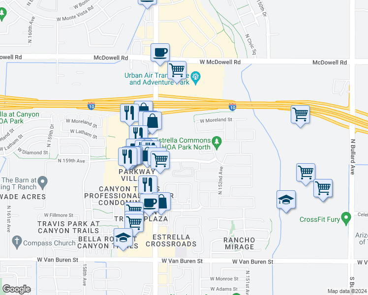 map of restaurants, bars, coffee shops, grocery stores, and more near 15447 West Baden Street in Goodyear