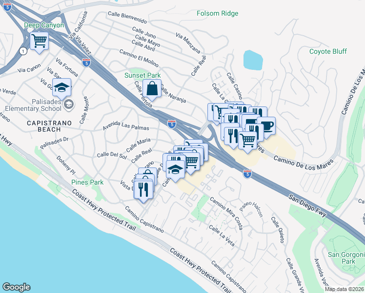 map of restaurants, bars, coffee shops, grocery stores, and more near 570 Camino De Estrella in San Clemente