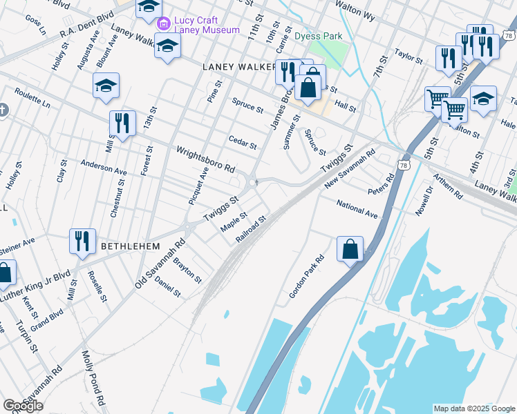 map of restaurants, bars, coffee shops, grocery stores, and more near 1445A Railroad Street in Augusta