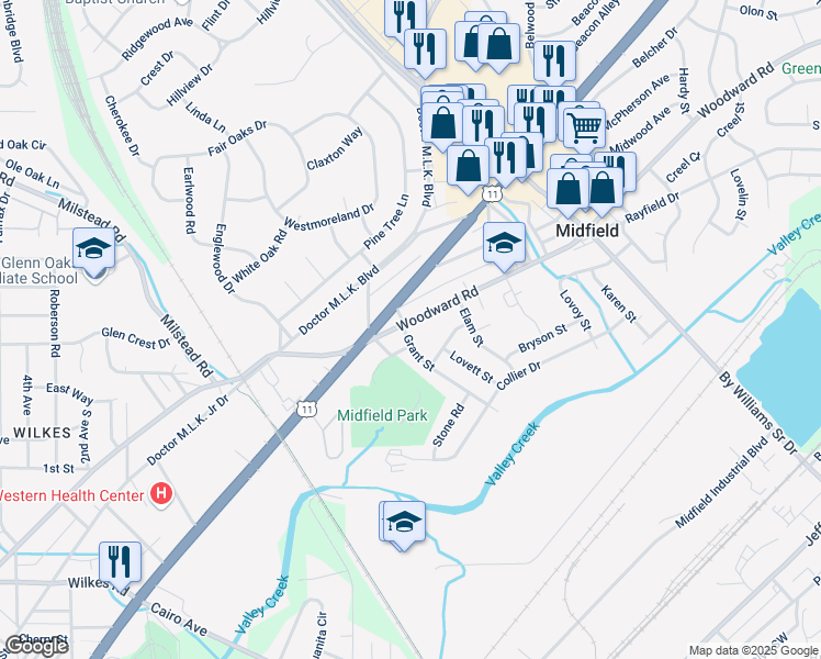 map of restaurants, bars, coffee shops, grocery stores, and more near 400 Breland Drive in Midfield
