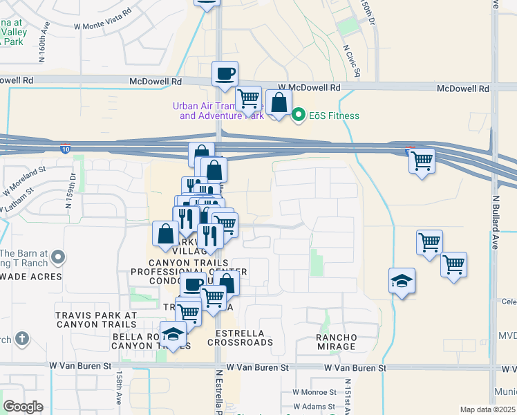map of restaurants, bars, coffee shops, grocery stores, and more near 15447 West Baden Street in Goodyear